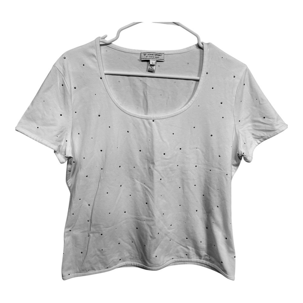 EUC St John Sport Stylish White Copper Studded Short Sleeve Top Sz L